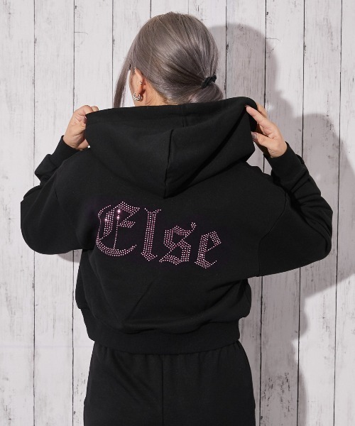 パーカー 「ビジューElseロゴ×ショート丈」裏起毛ジップパーカー 秋冬
