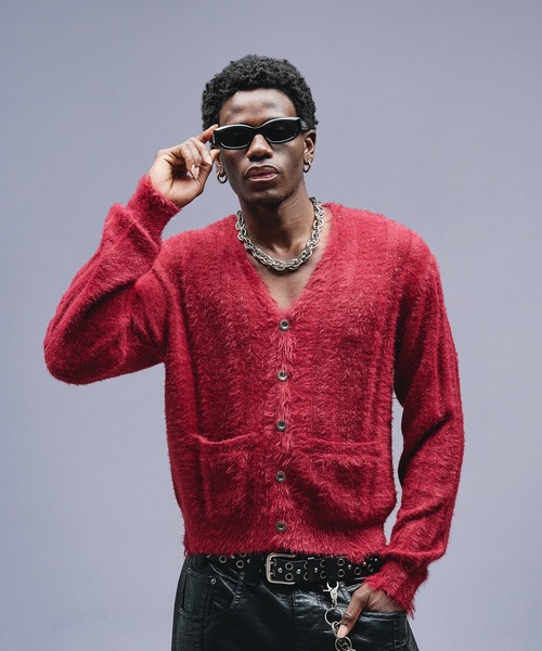 「完売品 ANDER HUNK バーガンディ カーディガン メンズ M 秋冬」 ANDER HUNK カーディガン Dameged Shaggy Knit V-neck Cardigan