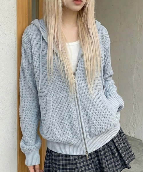 パーカー 「mahagrid/マハグリッド」 Pigment Mesh Zip-Up Knit/ピグメントメッシュジップアップニット レディース