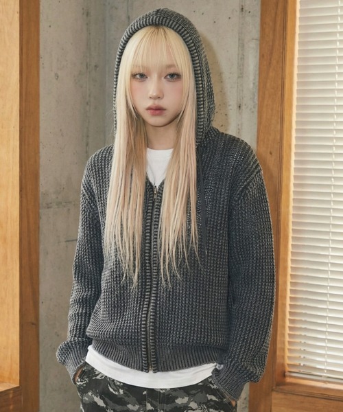 パーカー 「mahagrid/マハグリッド」 Pigment Mesh Zip-Up Knit/ピグメントメッシュジップアップニット レディース_3