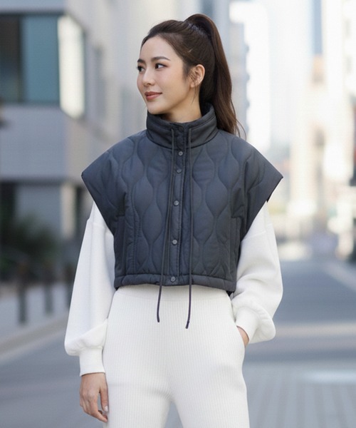 Pt18kg ベスト ジレ ドロスト裾ショートキルティングベスト レディース