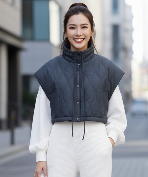 Pt18kg ベスト ジレ ドロスト裾ショートキルティングベスト レディース