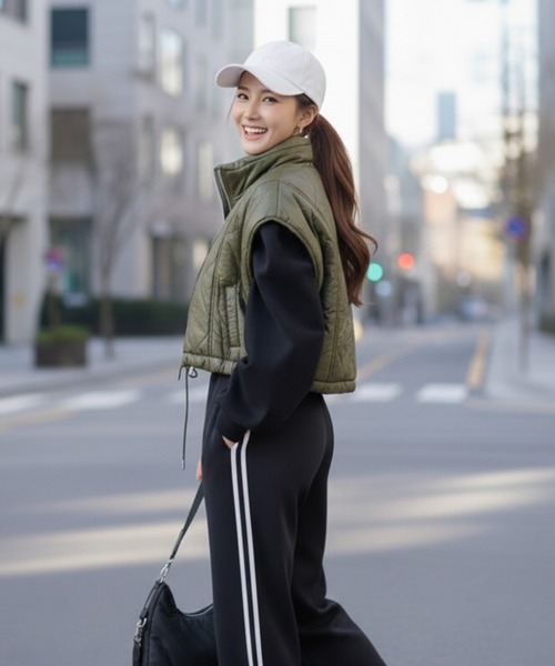 Pt18kg ベスト ジレ ドロスト裾ショートキルティングベスト レディース