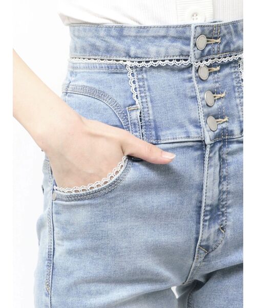 ジーンズ デニム デニムパンツ レースサイドオープンフレアパギンス レディースの画像