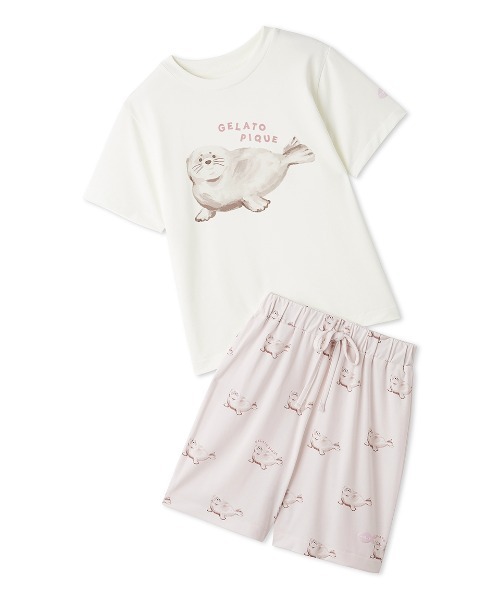 パジャマ 「JUNIOR」「接触冷感」シーアニマル柄ワンポイントTシャツ＆ショートパンツセット キッズ 子供の画像