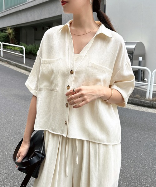 美品 Y’s for living ワイズ リネン100% 半袖シャツブラウス andme（アンドミー） ブラウス シャツ 夏 半袖 リネンライクショート丈