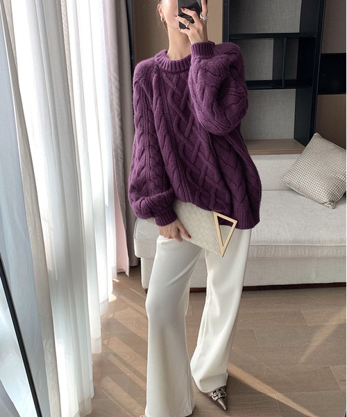 BLANC FICELLE ニット セーター ケーブル編み クルーネック レディース