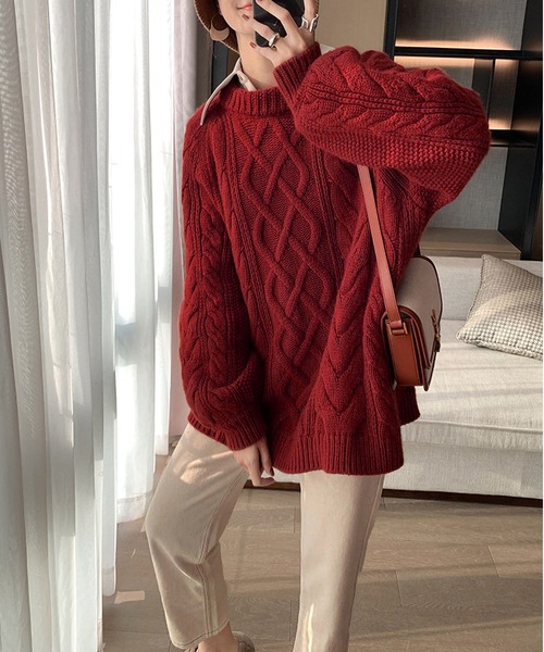 BLANC FICELLE ニット セーター ケーブル編み クルーネック レディース