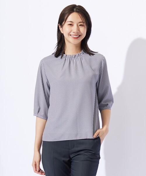 tシャツ 千鳥プリント フリル襟 カットソー レディース tシャツ 千鳥プリント フリル襟 カットソー レディース