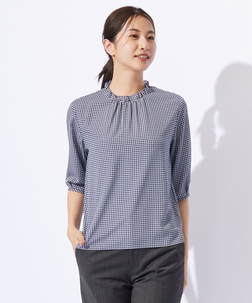 千鳥プリント フリル襟 カットソー tシャツ 千鳥プリント フリル襟 カットソー レディース