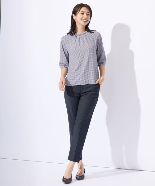 tシャツ 千鳥プリント フリル襟 カットソー レディース tシャツ 千鳥プリント フリル襟 カットソー レディース