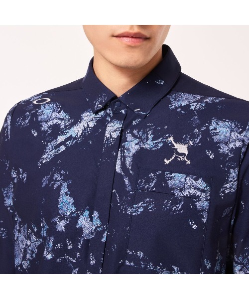 新品未使用 オークリー ゴルフ スポーツウェア ポロシャツブルー系 Sサイズ OAKLEY ポロシャツ オークリー SKULL EARTH GRAPHIC 3D LS SHIRT