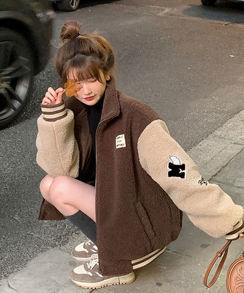 ブルゾン アウター ワッペンボアスタンドジャケット レディース