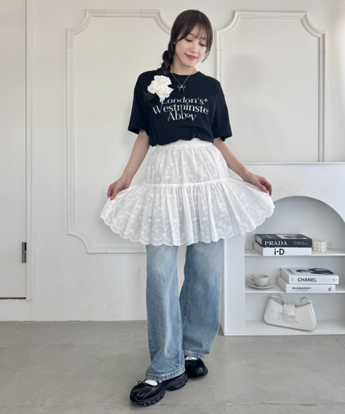 Loueme スカート リボン刺繍コットンレースミニスカート