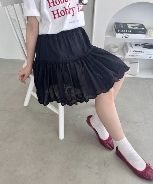 Loueme スカート リボン刺繍コットンレースミニスカート