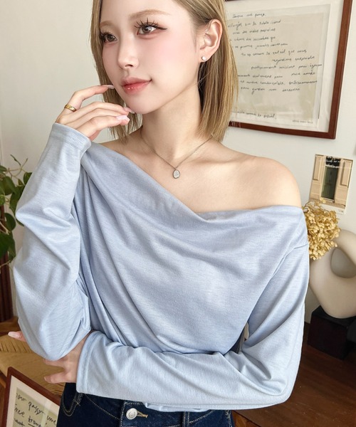 tシャツ オフショルドレープトップス レディース moment+ tシャツ オフショルドレープ長袖プルオーバー