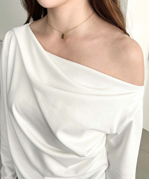 moment+ tシャツ オフショルドレープ長袖プルオーバー レディース