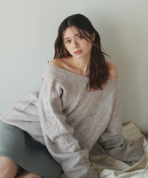 fupel ニット セーター back open 2way mix cable knit / バック