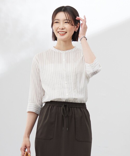 tシャツ 「洗える」シアーピンストライプ ブラウスライク カットソー レディース