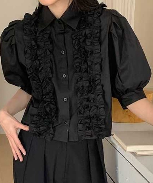 ブラウス シャツ フリルギャザーテープパフスリーブ前開きブラウス レディース