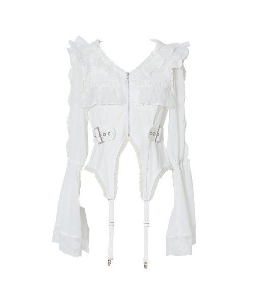 パーカー Flared sleeve ribbon and frill zip tops レディース