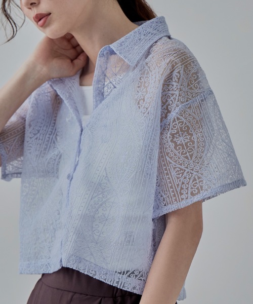 ブラウス シャツ 刺繍レースショートシャツ レディース