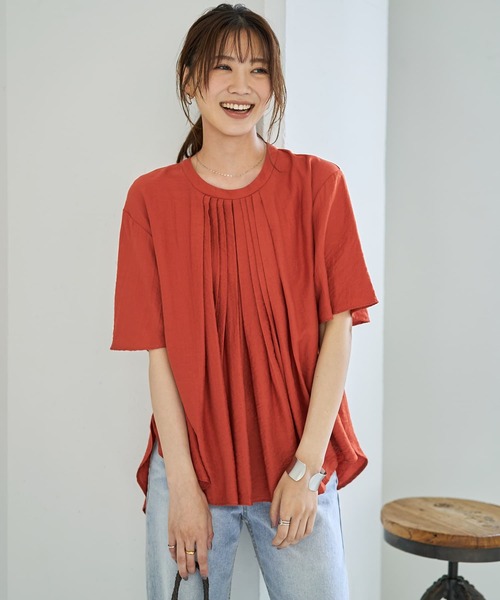 tシャツ 「LUXE」シボ生地プリーツタック５分袖ブラウス レディース