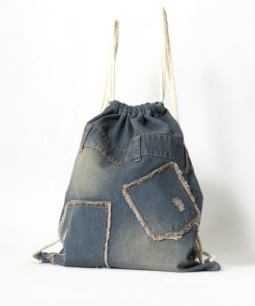 デイバック リュック デニムパンツ風ナップサック/デニム/レオパード