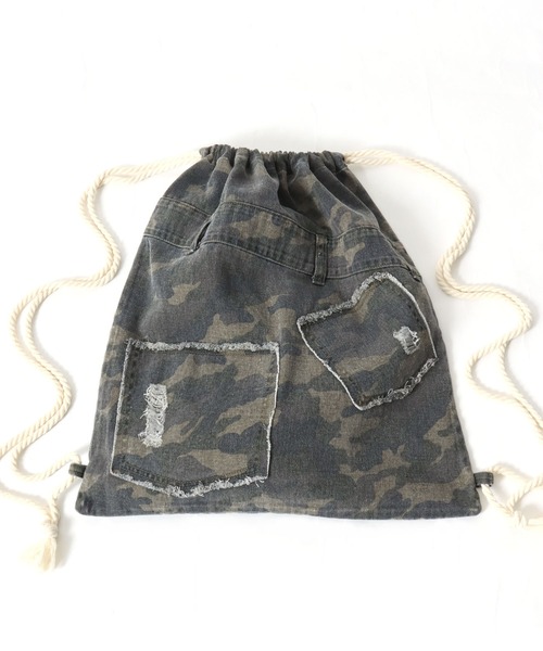 デイバック リュック デニムパンツ風ナップサック/デニム/レオパード