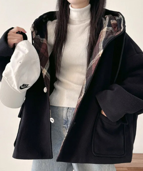ダッフルコート コート チェック柄切替 オーバーサイズ レディース