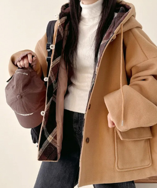 ダッフルコート コート チェック柄切替 オーバーサイズ レディース