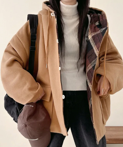 ダッフルコート コート チェック柄切替 オーバーサイズ レディース