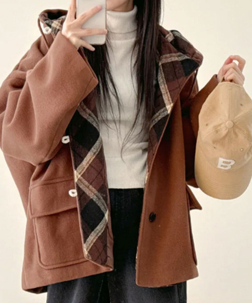 ダッフルコート コート チェック柄切替 オーバーサイズ レディース