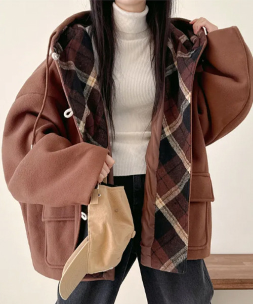 ダッフルコート コート チェック柄切替 オーバーサイズ レディース