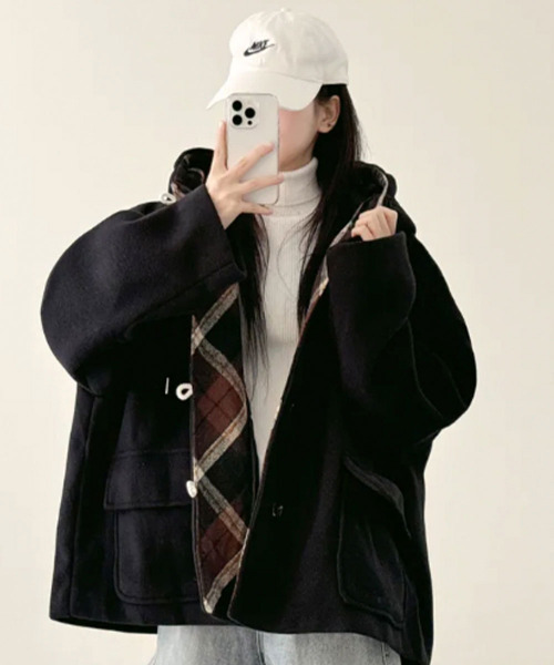 ダッフルコート コート チェック柄切替 オーバーサイズ レディース