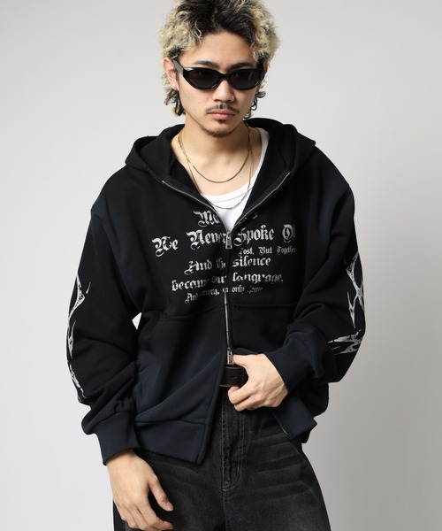 ☆THE LAST ROCKSTARS☆ 黒ジップパーカー BIKE STAR（バイクスター） パーカー RESHAM スプレー加工ジップ