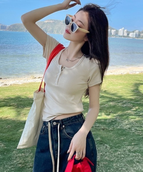 ヘンリーネック tシャツ 半袖 ヘンリーネック半袖Tシャツ レディース