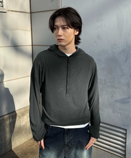 ヘンリーネック tシャツ ヘンリースラブフードロンT レディース メンズ