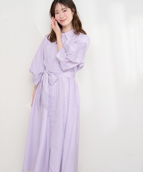 フリル付きバルーンスリーブシャツワンピース natural couture ワンピース バルーンスリーブシャツワンピース