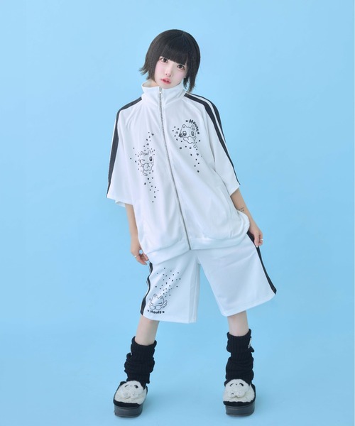 Hauls ジャージ にゃんこ顔文字半袖ジャージセットアップ レディース