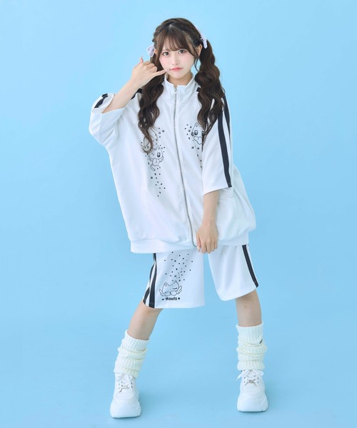 Hauls ジャージ にゃんこ顔文字半袖ジャージセットアップ レディース