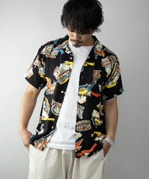 WEIRDO オールドタトゥー 柄 レーヨン オープンカラー アロハ シャツ 白 STYLEBLOCK シャツ レーヨンオープンカラーアロハシャツ メンズ
