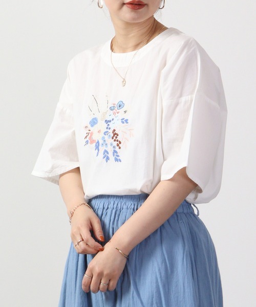 ブラウス シャツ EMAGO フラワー刺繍5分袖ブラウス レディース
