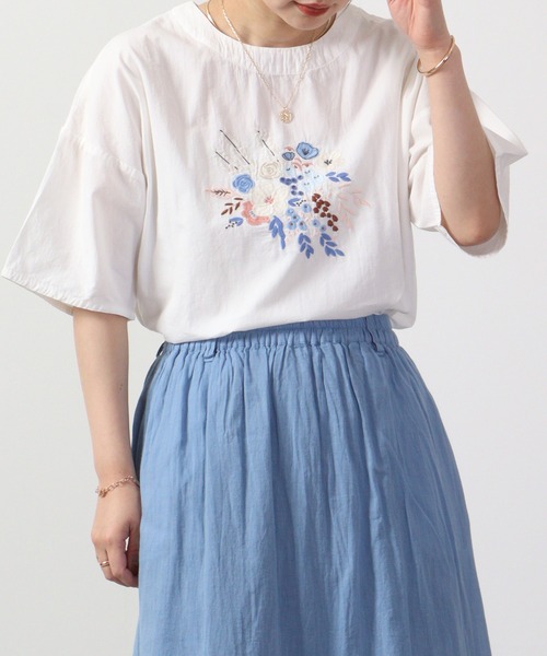 ブラウス シャツ EMAGO フラワー刺繍5分袖ブラウス レディース Emago ブラウス シャツ EMAGO フラワー刺繍5分袖ブラウス