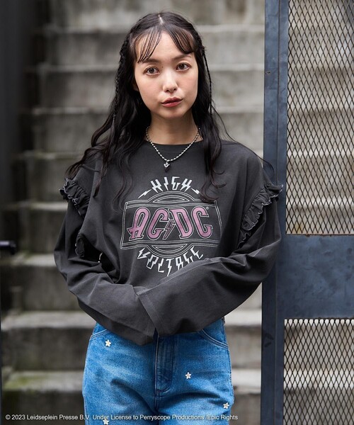 tシャツ ACDC HIGH VOLTAGE フリル ロンT / エーシーディーシー ハイボルテージ フリルロンT  / ロックＴシャツ / バンドＴ FREAK'S STORE tシャツ ACDC HIGH VOLTAGE フリル ロンT