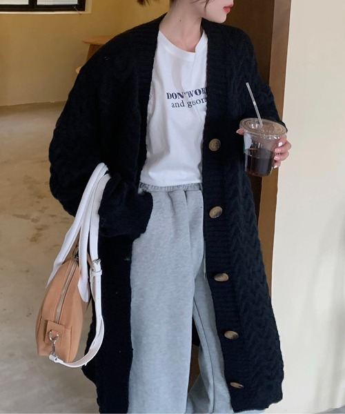 BLANC FICELLE カーディガン ケーブル編み ロング カーディガン