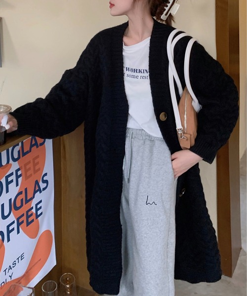 BLANC FICELLE カーディガン ケーブル編み ロング カーディガン