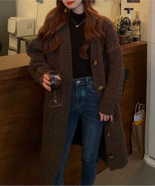 BLANC FICELLE カーディガン ケーブル編み ロング カーディガン