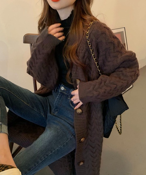 BLANC FICELLE カーディガン ケーブル編み ロング カーディガン