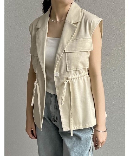 【美品】ロエフ　コットンギャバ　ノースリーブジャケット　ベスト　ジレ　白　０ ジャケット ノースリーブジャケット スリーブレスジャケット